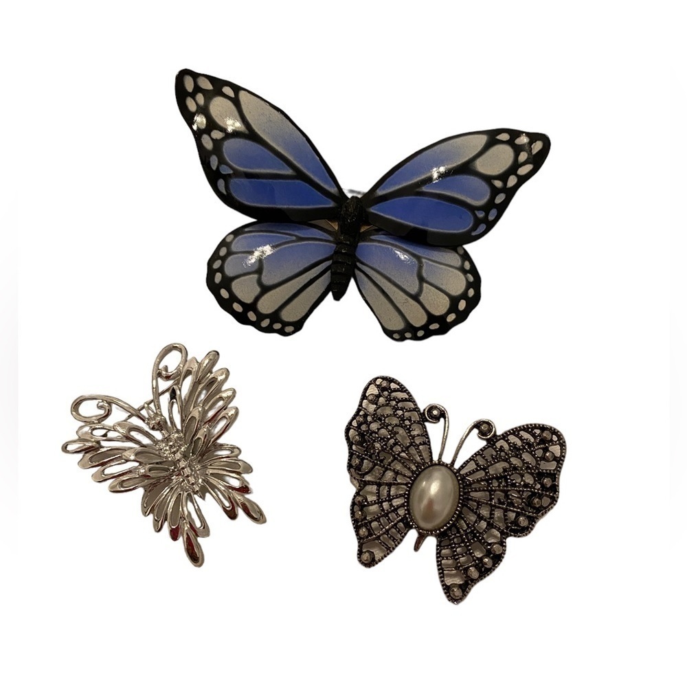 Vintage Butterfly Brooches Blue Enamel, Silver plate, and Silver Filagree